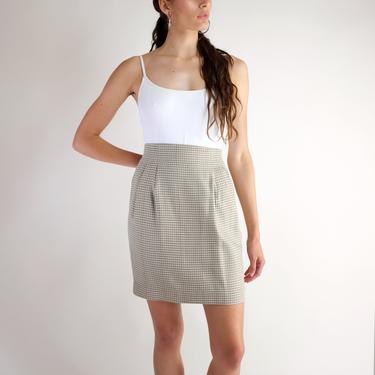 90s Houndstooth Miniskirt, Vintage High Waisted Pencil Skirt, 90s Minimal Silk Rayon Simple Taupe Pattern Print Women's Skirt Size 4 