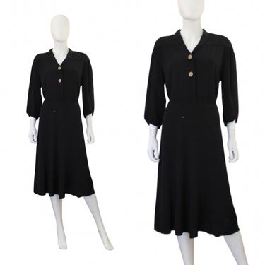 1940s Black Rayon Crepe Dress - 1940s Black Dress - 1940s Black Long Sleeve Dress - 1940s Dress - Vintage Black Crepe Dress | Size Large 
