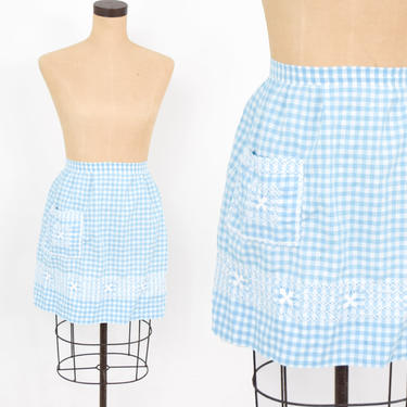 1950s Blue Cotton Apron | 50s Blue Gingham Apron | Cross Stitched | Hostess | Wedding Shower 