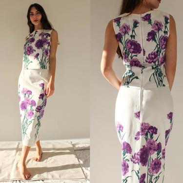 Vintage 60s Violet Carnation Botanical Print Blouse &amp; High Waisted Skirt Two Piece Set | Bohemian, Boho | 1960s  Floral Skirt Set 