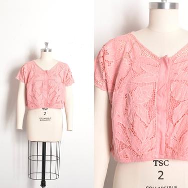 Vintage 1980s Blouse / 80s Bali Lace Cutwork Crop Top / Pink ( S M ) 
