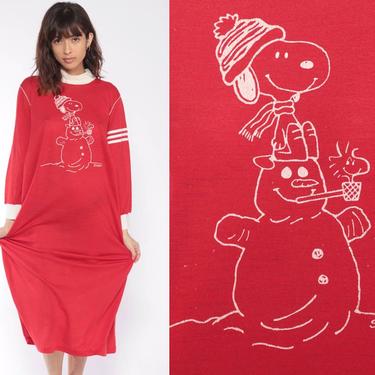 Snoopy Pajama Dress -- 80s Winter Nightie Sleep Dress Peanuts Snowman Christmas Midi Cartoon Vintage Red Long Sleeve Xmas Medium 