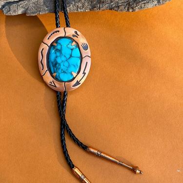 Vtg Copper/Turquoise Oval Native American Design Slide Pendant Bolo Tie on Black Braided Leather Cord / Western Rodeo Necklace 