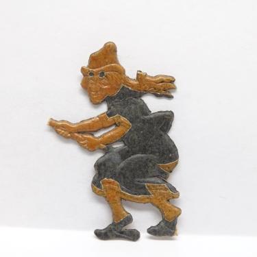 Antique Small 1940's Halloween Die Cut Embossed Witch on Broom, Vintage Party Decor 