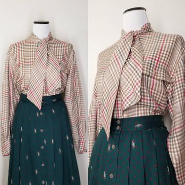 Vintage Plaid Pussy Bow Blouse, Large / Rayon Button Blouse / Earth Tone Gingham Plaid / Ralph Lauren Long Sleeve Dress Blouse 