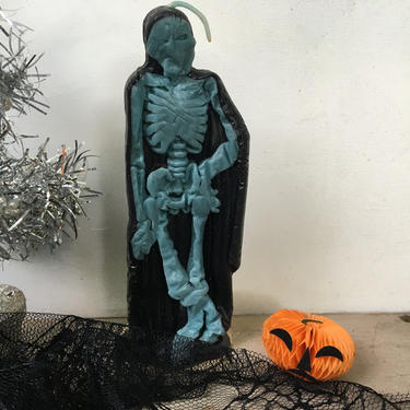 Vintage Gurley Skeleton Candle, Damaged But Cool, 8&amp;quot; Tall Gray Skeleton With Black Cape 