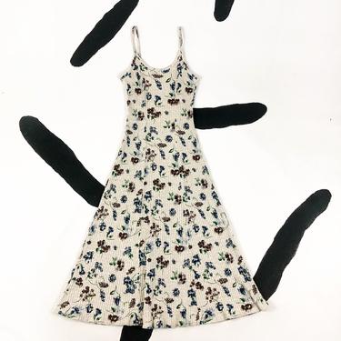 90s Ribbed Floral Spaghetti Strap Maxi Dress / Fitted / A Line / Grunge / 90210 / Heathered / Gray / Oatmeal / Small / Daisy Print / Delias 