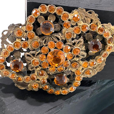 Large Antique Czech Brooch With Faceted Orange Amber Crystals 