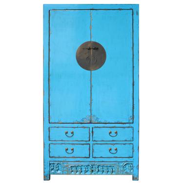 Chinese Distressed Aqua Blue Tall Wedding Armoire Wardrobe TV Cabinet cs4894S