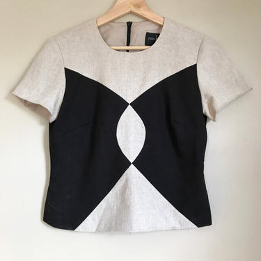 90s XS/S Petite Black and Beige Linen Abstract Blouse 