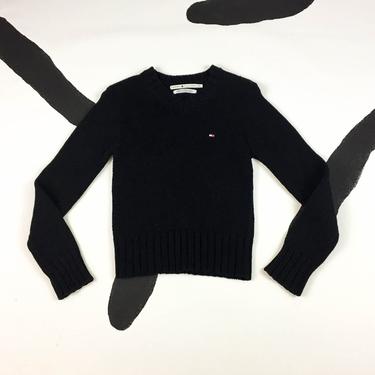 90s Black Tommy Hilfiger V Neck Chunky Knit Logo Sweater / Size Small / Tommy Jeans / Preppy / Vaporwave / 90s Hip Hop / Long Sleeve / S 