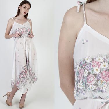 Sheer Garden Floral Dress / White Hanky Hem Dress / Asymmetrical Scarf Hemline / Shoulder Tie Festival Disco Maxi With Matching Waist Tie 