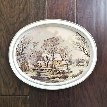 Vintage Scenic Tin Tray / The Old Grist Mill Winter in the Country / Currier and Ives Painting on Metal Serving Tray / Farmhouse Wall Decor 