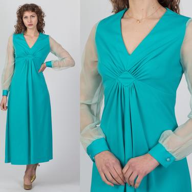 70s Blue Sheer Sleeve Maxi Dress - Medium | Vintage Boho V Neck Party Prom Gown 