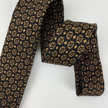 1950'S-60'S Silk Tie - Interesting Check Pattern - Black with Gold - Narrow Mod Tie - Quality Silk 