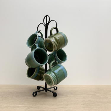 Vintage Mug Set With Stand | 6 Green Blue Drip Glaze Coffee Tea Cups with Black Metal Tree | Kitchen Countertop Storage | Stacking Mugs 
