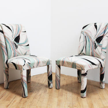 Vintage 80s Parson Chairs Dining Abstract Fabric Art 