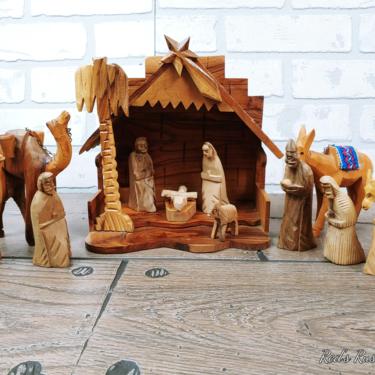 14 Piece Hand Carved Wood Nativity Set 
