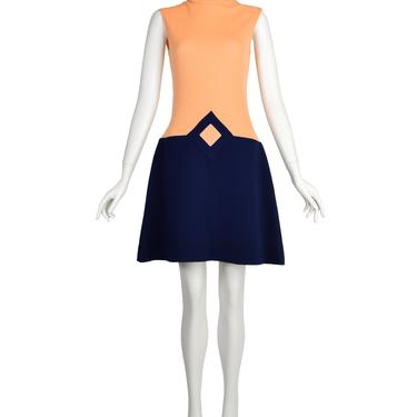 Pierre Cardin les Jerseys Vintage 1960s Ribbed Peach Navy Blue Structured Mod Shift Dress