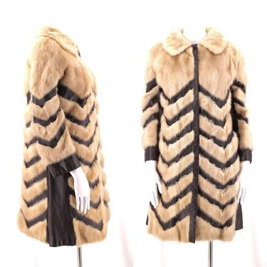 70s mink leather chevron fur coat / vintage 1970s tan mink brown leather SNAP FRONT disco glam pieced fur coat jacket M 