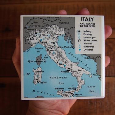 1971 Italy Vintage Resources Map Coaster - Ceramic Tile - Repurposed 1970s Geography Textbook - Handmade - Sardinia Sicily Rome Naples Milan 