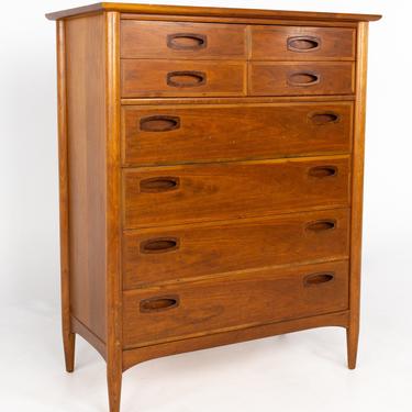Dux Style Mid Century Walnut and Rosewood Handle 6 Drawer Highboy Dresser - mcm 