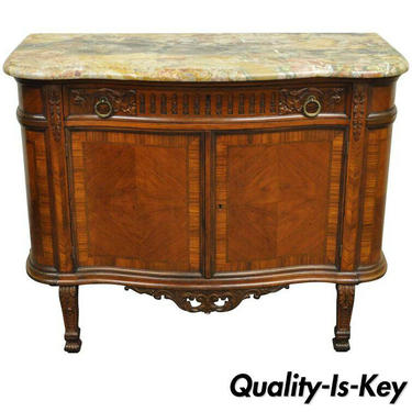 French Louis XV XVI Carved Walnut Marble Top Demilune Console Server Buffet