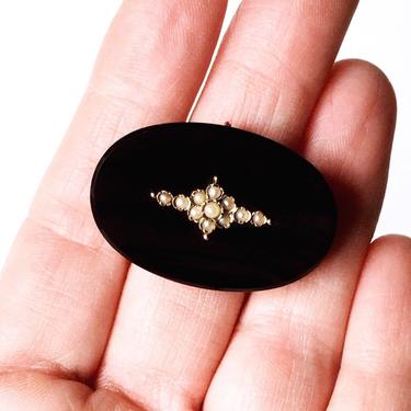 Antique 10K Gold Onyx &amp; Seed Pearl Mourning Brooch Pin Pendant, Late Victorian 