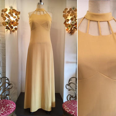 Vintage maxi dress, 1970s cage dress, slinky yellow dress, sylvia ann dress, size medium, vintage 70s dress 