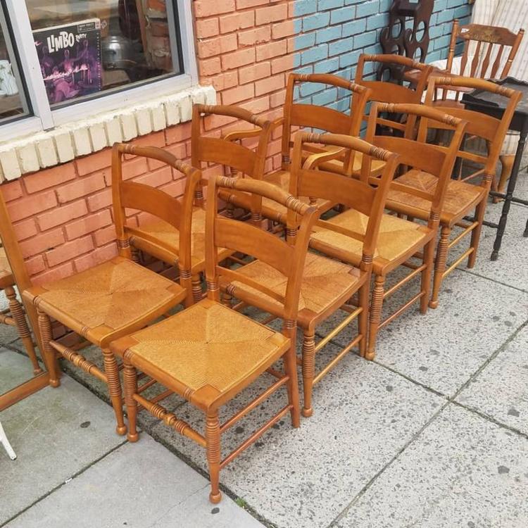 SOLD. Eight Chairs, Maple with Rush Seats, $290 for all eight.