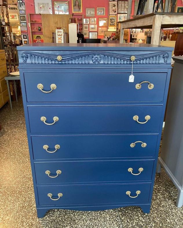 Navy painted chest of drawers. Cool skinny top drawer with lovely details. 35.5” x 20.5” x 50.5”