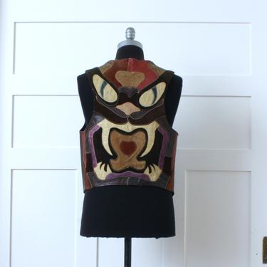 mens vintage 1970s leather & suede vest • rare custom cat eyes RNR biker patchwork leather vest 