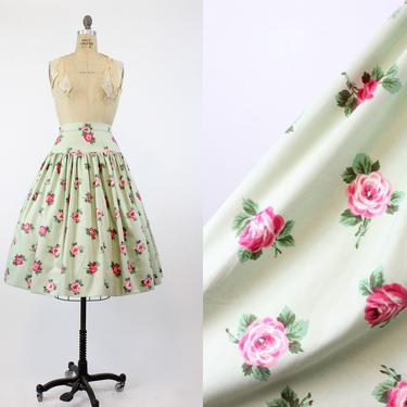 1950s rose print skirt xs | vintage pistachio chintz cotton skirt | new in 