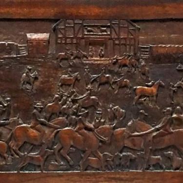 SOLD. Scottish Carved Panel Frieze Headboard Mantlepiece | Horse Dog Equestrian Art