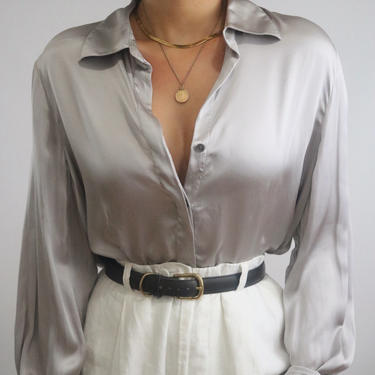 Vintage Silver Grey Silk Button Up Blouse - Charmeuse Liquid Silk Blouse - LG/XL 