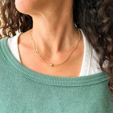 Paperclip Curb Chain Ball Necklace / Mixed Chain Necklace / Paperclip Chain 14K Gold Fill Bead / Sterling Silver Ball Choker / Gift for Her 