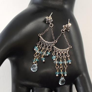 70's Bali beaded sterling aquamarine rock crystal hippie chandelier earrings, ornate 925 silver gemstones statement dangles 