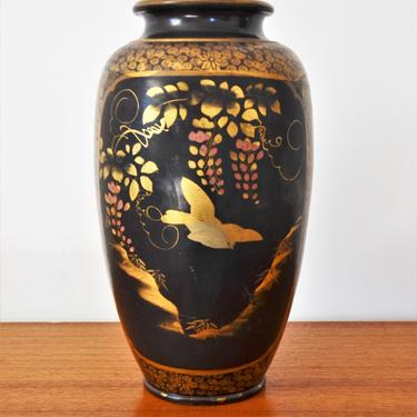Antique Japanese Black Lacquered Vase with Hand Painted Bird Motifs 