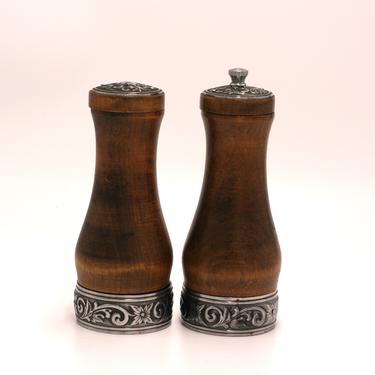 vintage mid century wood salt shaker and pepper grinder with metal floral trim/ made in japan 