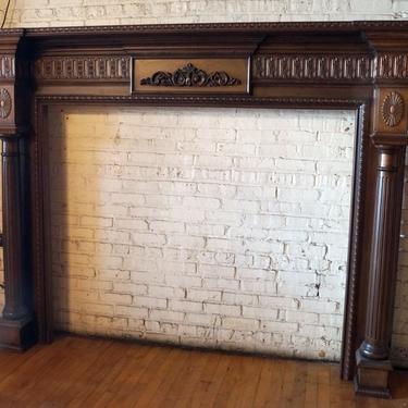 Tall and Wide Dark Wood Half Mantel w Columns and Ornate Carvings