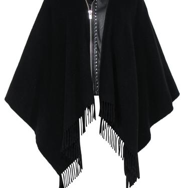 The Kooples - Black Wool Blend Zip-Up Fringed Poncho w/ Studded Leather Trim OS