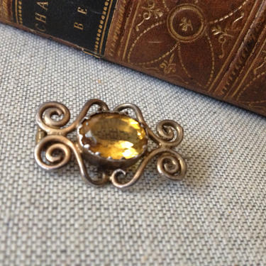Vintage Amber Citrine Stone &amp; Gold Brooch Pin 
