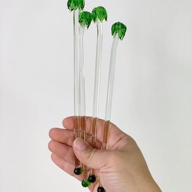Vintage Green Glass Palm Tree Swizzle Sticks, Set of 4 