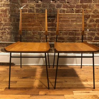 Rare paul Mccobb Shovel dining chairs pair of 2 blonde maple iron base planner group mid century modern 