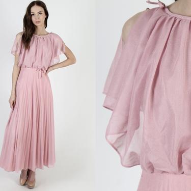 70s Blush Pink Grecian Disco Dress / Split Sleeve Sweeping Long Pleated Skirt / Womens Cocktail Lounge Singer Maxi Dress 