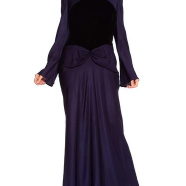 1980'S BILL BLASS Navy Blue Haute Couture Silk Crepe Back Satin Sleeved Gown With A Black Velvet Bodice 