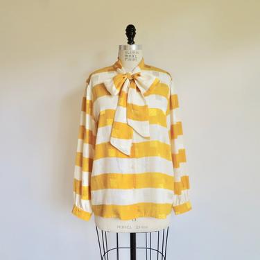 Vintage 1980's Yellow and White Striped Silk Tie Blouse Wear to Work Italian Secretary Balla Valentina Made in Italy Medium 