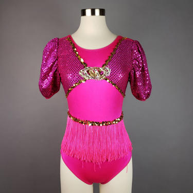 Pink Sequined Leotard Dance Costume, Hot Pink Bodysuit, Kids Large One Piece Sequin Body Suit 