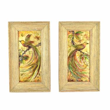 Pair Mid Century Bas-Relief Acrylic Exotic Bird Wall Sculptures sgd Rea as-is 