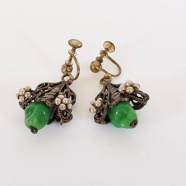 Vintage Earrings Green Glass Bronze Pearl Art Nouveau Dangly / 30s Style Clips Screw On Earrings Mucha Open Work Metal, Beads, Faux Jade 